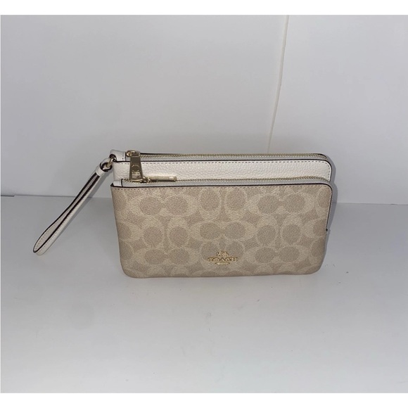 Coach Double Zip Wristlet in Signature Canvas & Leather – Chalk/Cream NWT Purse